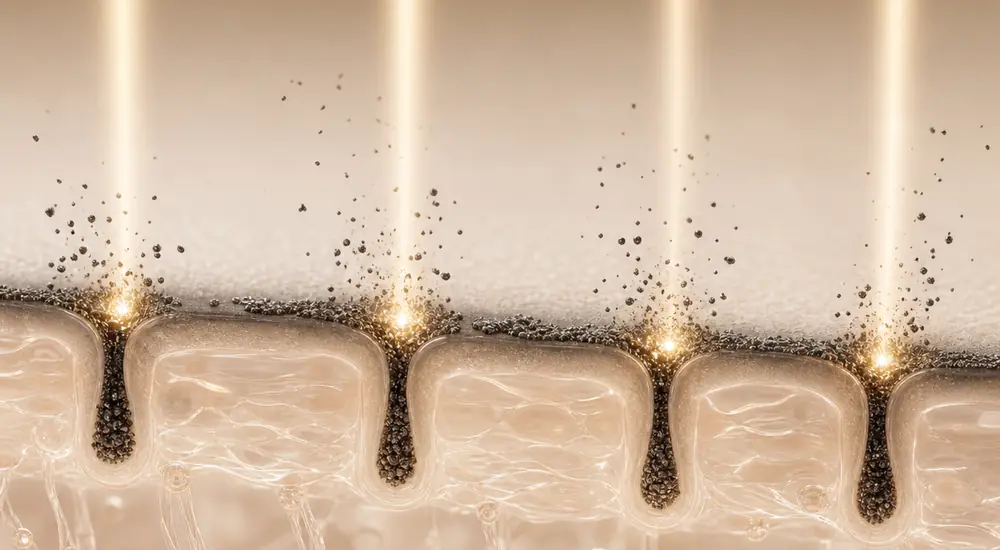 Laser light vaporising the carbon layer